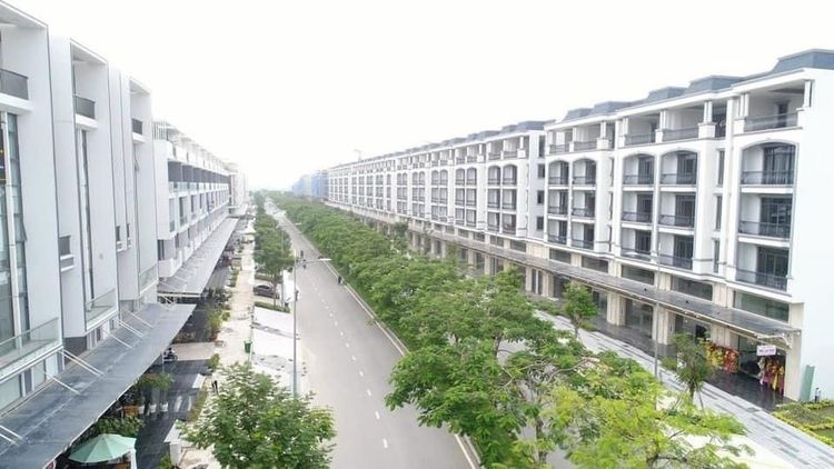 Đại lộ nội khu có dải cây xanh ở giữa, hai bên là dãy nhà phố và shophouse nhiều tầng màu trắng