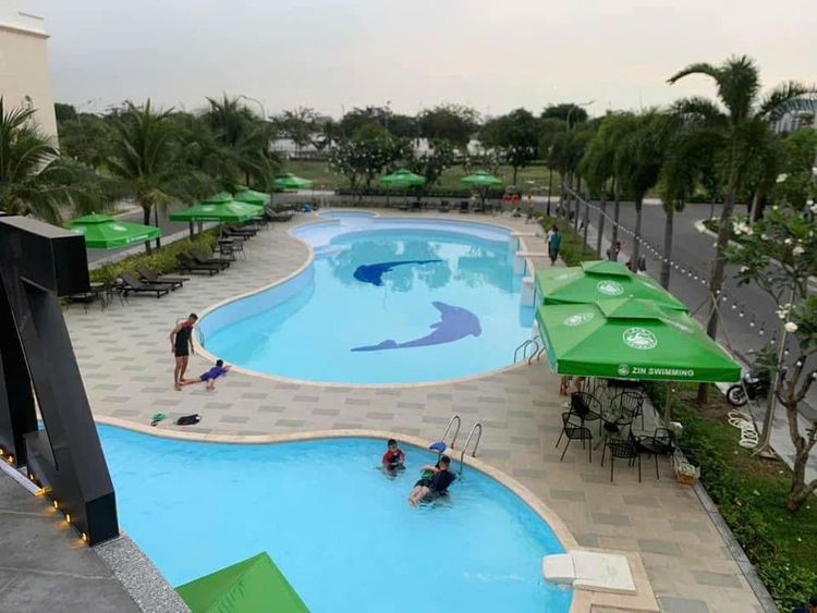 Hồ bơi ngoài trời có hồ trẻ em, dù che màu xanh Zin Swimming và ghế nằm, hàng cọ bao quanh trong Vạn Phúc City