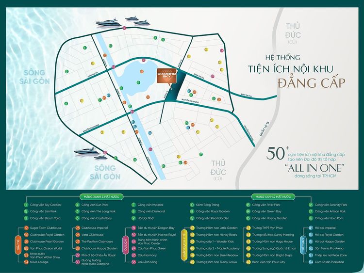 Sơ đồ tiện ích nội khu Vạn Phúc City đánh số 54 điểm, Diamond Sky đặt cạnh hồ Đại Nhật giữa Đinh Thị Thi và Nguyễn Thị Nhung