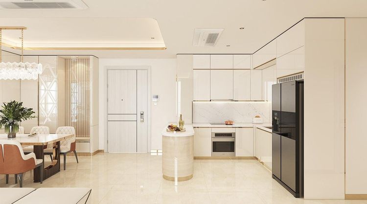 Phối cảnh bếp chữ L tủ trắng bóng, mặt ốp đá vân, đảo bếp bo tròn và tủ lạnh hai cánh màu đen căn hộ mẫu Modern Diamond Sky
