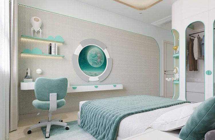 Phối cảnh góc học tập trong phòng trẻ em Modern với bàn học treo tường, ghế xoay xanh ngọc và kệ treo đèn LED hình đám mây