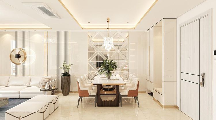 Phối cảnh bàn ăn mặt đá trắng 6 ghế trước vách gương ô trám vát cạnh, đèn thả pha lê căn hộ mẫu Modern Diamond Sky