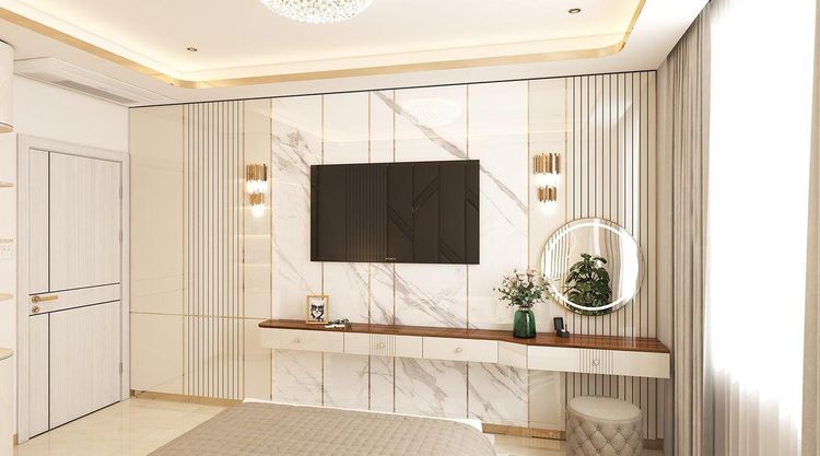 Phối cảnh phòng ngủ Modern có vách TV ốp đá vân, lam sọc kem, kệ treo gỗ trầm nối liền bàn trang điểm gương tròn