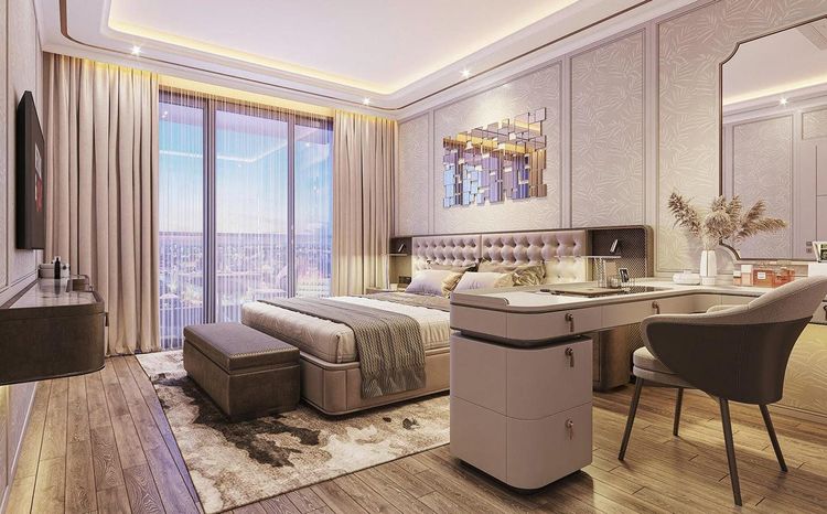 Phối cảnh phòng ngủ master Neoclassic có cửa kính kịch trần nhìn ra thành phố, giường bọc nệm xám và bàn làm việc bo cong cuối giường