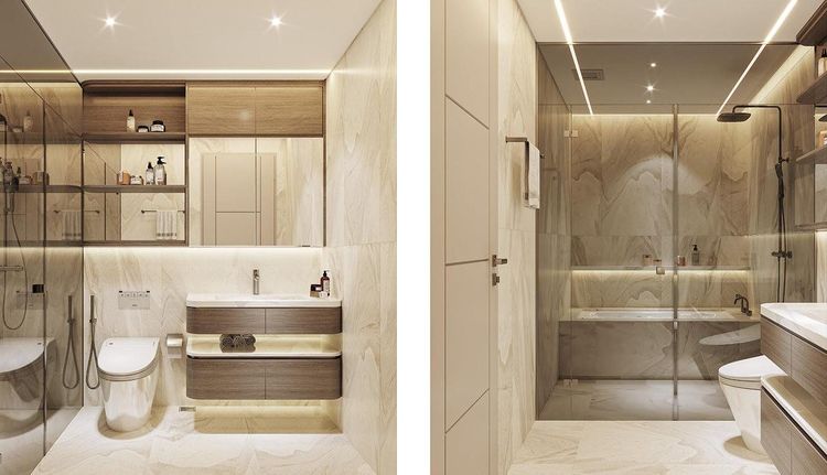 Phối cảnh phòng tắm Neoclassic ốp đá vân be toàn bộ, lavabo treo tủ gỗ trầm, kệ âm tường có đèn và vách kính tắm đứng