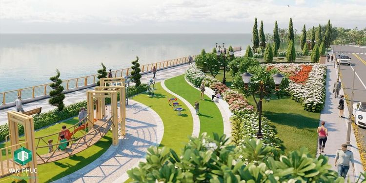 Phối cảnh dải công viên ven sông khu Jardin Villas với lối đi cong, vườn hoa, giàn gỗ và lan can sát sông