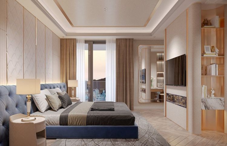 Phối cảnh phòng ngủ căn hộ Diamond Sky với giường bọc nệm xanh và cửa kính ra ban công