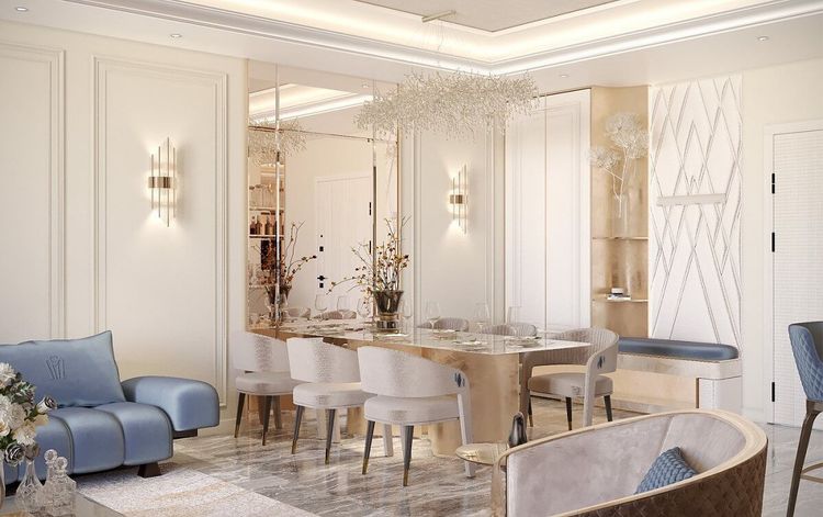 Phối cảnh phòng khách và bàn ăn căn hộ Diamond Sky với sofa xanh và đèn chùm