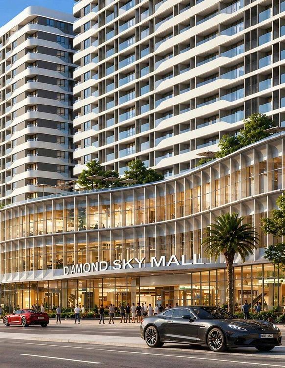 Phối cảnh mặt tiền Diamond Sky Mall khối đế ba tầng kính sáng đèn, biển tên trên tầng trệt, tháp căn hộ phía sau