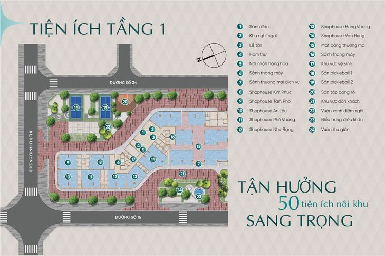 Mặt bằng tầng 1 Diamond Sky thể hiện khu đất giáp đường Đinh Thị Thi, đường số 15 và đường số 34