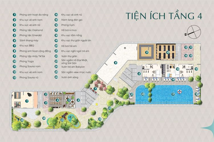 Bản vẽ tiện ích tầng 4 Diamond Sky kèm bảng chú thích 26 hạng mục gồm hồ bơi 4 mùa, phòng gym, phòng yoga