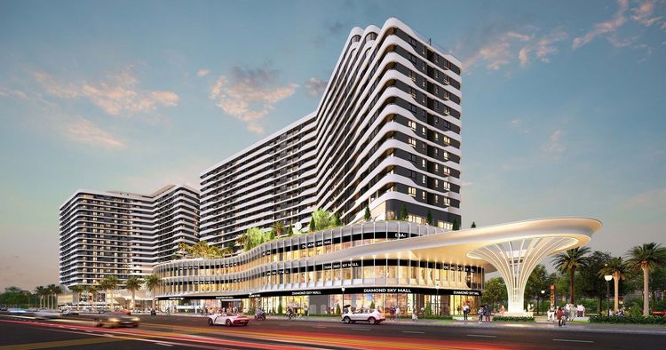 Phối cảnh hai tòa tháp căn hộ Diamond Sky với khối đế thương mại tại Vạn Phúc City