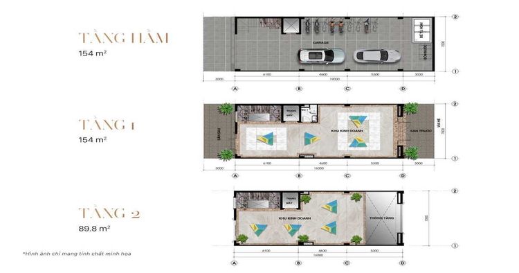 Bản vẽ mặt bằng tham khảo shophouse Royal 7x20 m gồm tầng hầm đỗ xe, tầng 1 khu kinh doanh 154 m² và tầng 2 có khoảng thông tầng