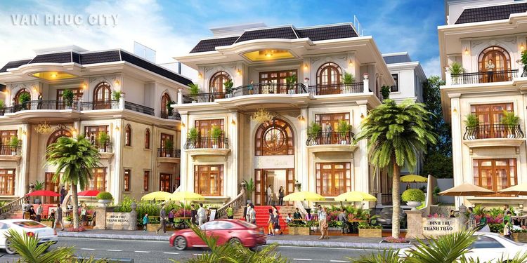 Phối cảnh dãy biệt thự Jardin Villas Vạn Phúc City với mái ngói và sân vườn phía trước