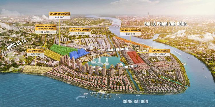 Phối cảnh Vạn Phúc City nhìn từ sông Sài Gòn, đánh dấu vị trí Jardin Villas, Van Phuc Mansion và Sunlake Villas