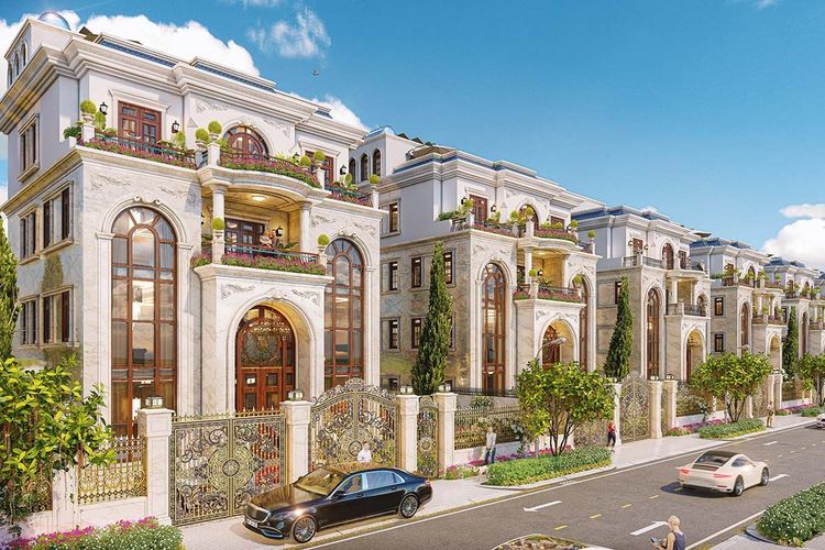 Phối cảnh dãy biệt thự đơn lập Jardin Villas phong cách tân cổ điển với cổng sắt, sân trước và hàng cây