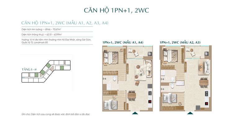 Bản vẽ mặt bằng căn hộ 1PN+1 2WC mẫu A1, A4 và A2, A3 Diamond Sky tầng 5–19, thông thủy 62,51–63,99 m², vị trí đa tầm nhìn