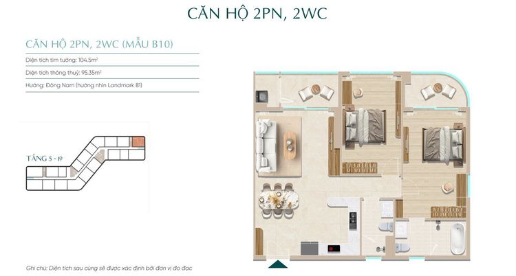 Bản vẽ mặt bằng căn hộ 2PN 2WC mẫu B10 Diamond Sky, thông thủy 95,35 m², hướng Đông Nam nhìn Landmark 81, có mặt kính cong ở góc