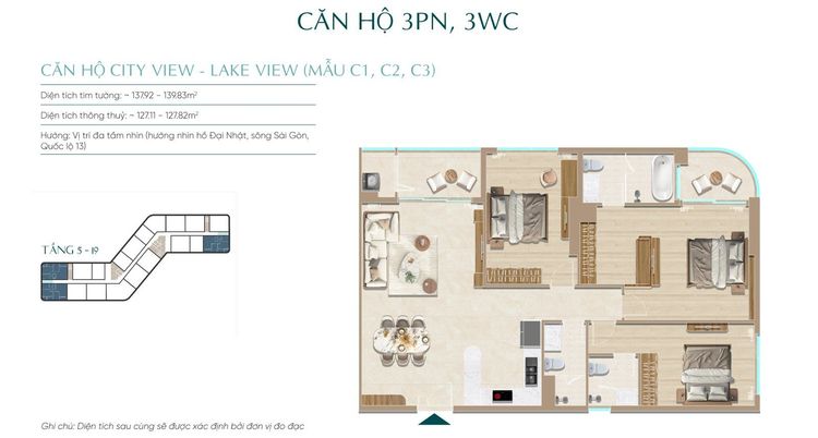 Bản vẽ mặt bằng căn hộ 3PN 3WC City View – Lake View mẫu C1, C2, C3 Diamond Sky, thông thủy 127,11–127,82 m², nhiều mặt kính