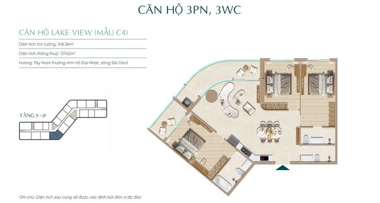 Bản vẽ mặt bằng căn hộ 3PN 3WC Lake View mẫu C4 Diamond Sky ở chỗ gấp khúc tòa nhà, thông thủy 137,42 m², hướng Tây Nam