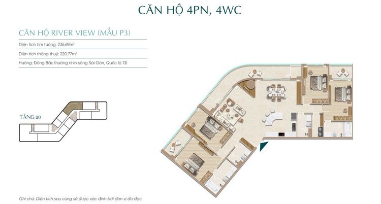 Bản vẽ mặt bằng căn hộ 4PN 4WC River View mẫu P3 tầng 20 Diamond Sky, thông thủy 220,77 m², hướng Đông Bắc nhìn sông Sài Gòn