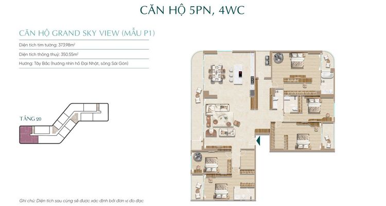 Bản vẽ mặt bằng căn hộ 5PN 4WC Grand Sky View mẫu P1 tầng 20 Diamond Sky, thông thủy 350,55 m², hướng Tây Bắc nhìn hồ Đại Nhật