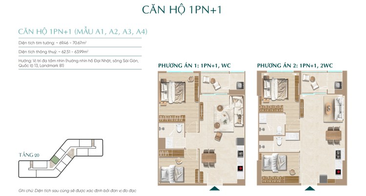 Bản vẽ mẫu căn hộ 1PN+1 Diamond Sky với hai phương án một hoặc hai phòng vệ sinh