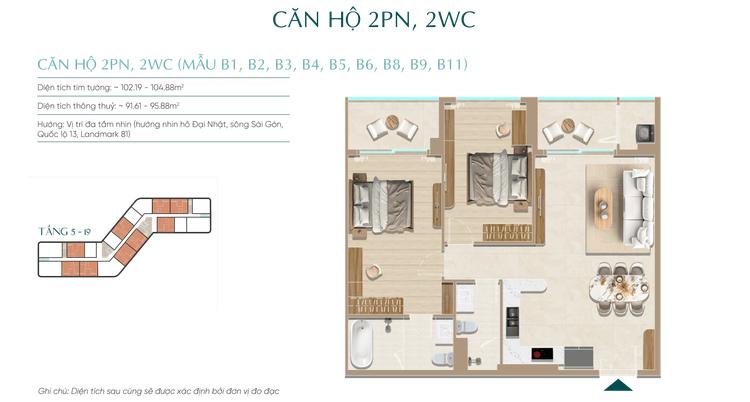 Bản vẽ mẫu căn hộ 2 phòng ngủ 2 phòng vệ sinh Diamond Sky có hai ban công phía trước