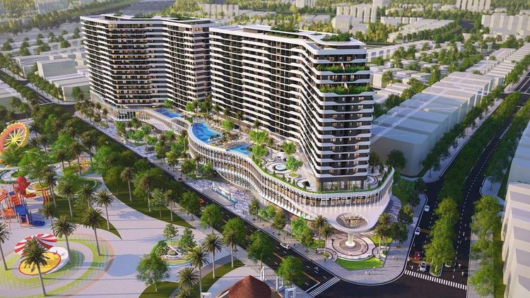 Phối cảnh Diamond Sky nhìn từ trên cao, hai hồ bơi xanh và vườn cây nằm trên mái khối đế giữa hai tháp