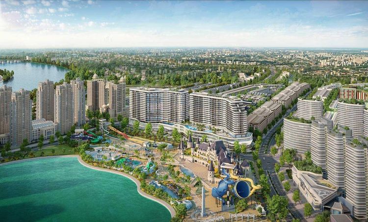 Phối cảnh tổng thể Diamond Sky cạnh công viên Ocean World và hồ Đại Nhật, xung quanh có nhiều khối cao tầng theo quy hoạch