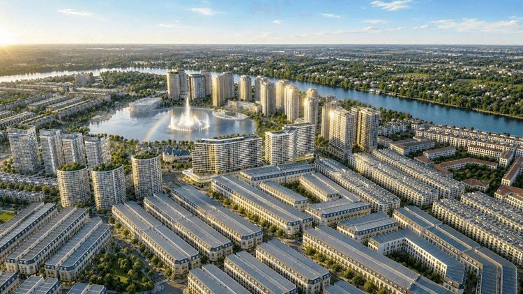 Phối cảnh tổng thể khu cao tầng quanh hồ Đại Nhật và các dãy nhà phố thấp tầng của Vạn Phúc City