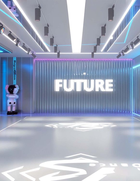 Phối cảnh phòng tập nhảy Diamond Sky với chữ FUTURE phát sáng trên tường, đèn ray và sàn sáng màu