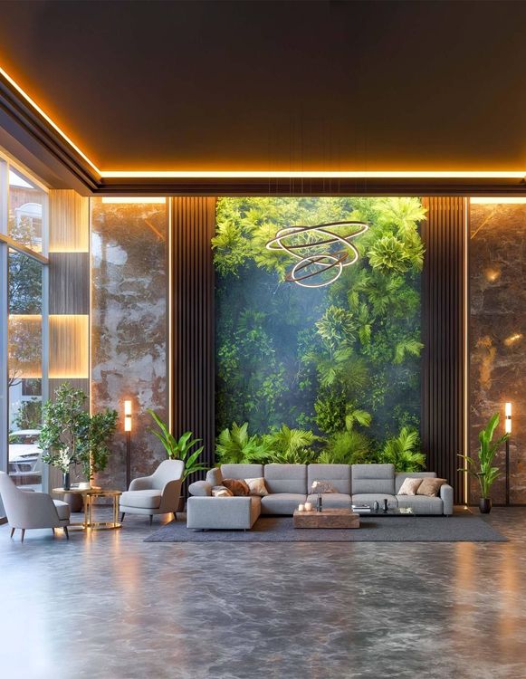 Phối cảnh sảnh chờ Diamond Sky với tường cây xanh cao kịch trần, sofa xám và trần đèn hắt vàng