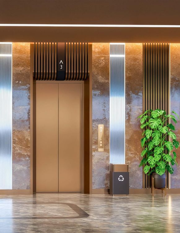 Phối cảnh sảnh thang máy Diamond Sky cửa thang màu đồng, tường ốp đá vân và lam gỗ dọc