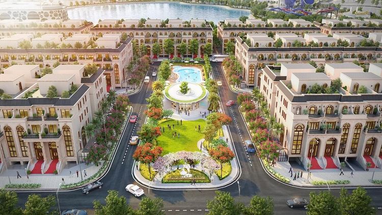 Phối cảnh phân khu Sunlake Villas với các dãy biệt thự bao quanh công viên Imperial, hồ bơi và hồ Đại Nhật phía sau