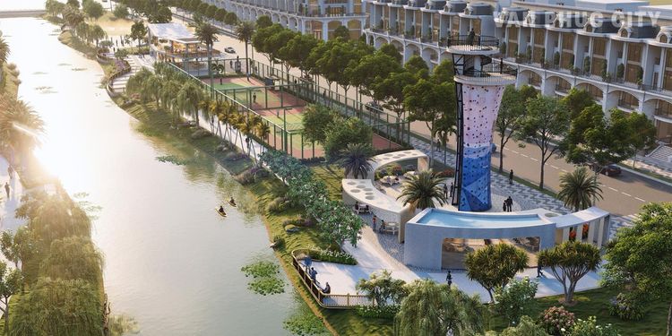 Phối cảnh dãy Parkview Shop Villas dọc kênh Sông Trăng với sân tennis, tháp leo núi và công viên ven kênh