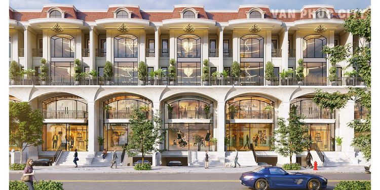 Phối cảnh mặt đứng dãy Parkview Shop Villas Vạn Phúc City với hàng cửa vòm hai tầng, ban công lan can trang trí và mái ngói đỏ