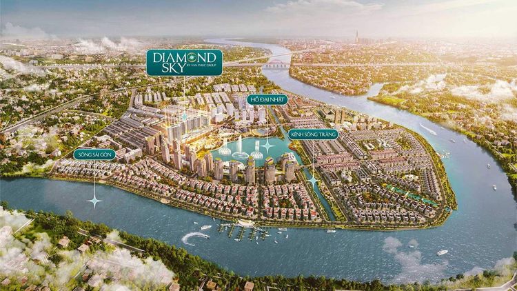 Phối cảnh bán đảo Vạn Phúc City đánh dấu vị trí Diamond Sky, hồ Đại Nhật, kênh Sông Trăng và sông Sài Gòn bao quanh, xa xa là Landmark 81