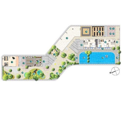 Mặt bằng tiện ích tầng 4 Diamond Sky bản cập nhật, hồ bơi lớn hình chữ nhật, khu phòng chức năng và vườn có sân chơi